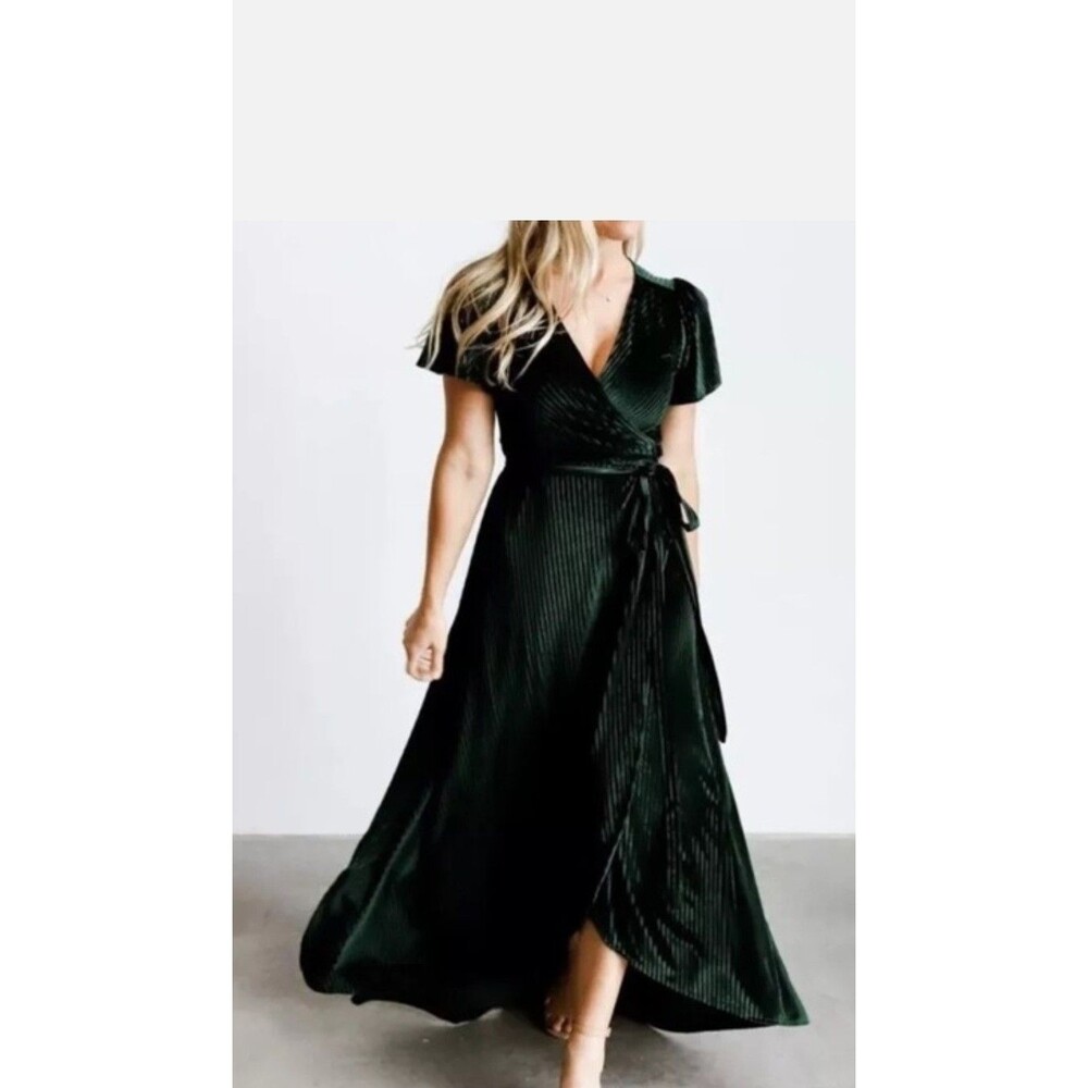Baltic Born Womens Andi Ribbed Velvet Wrap Dress Maxi Sz M Elegant Emerald Green